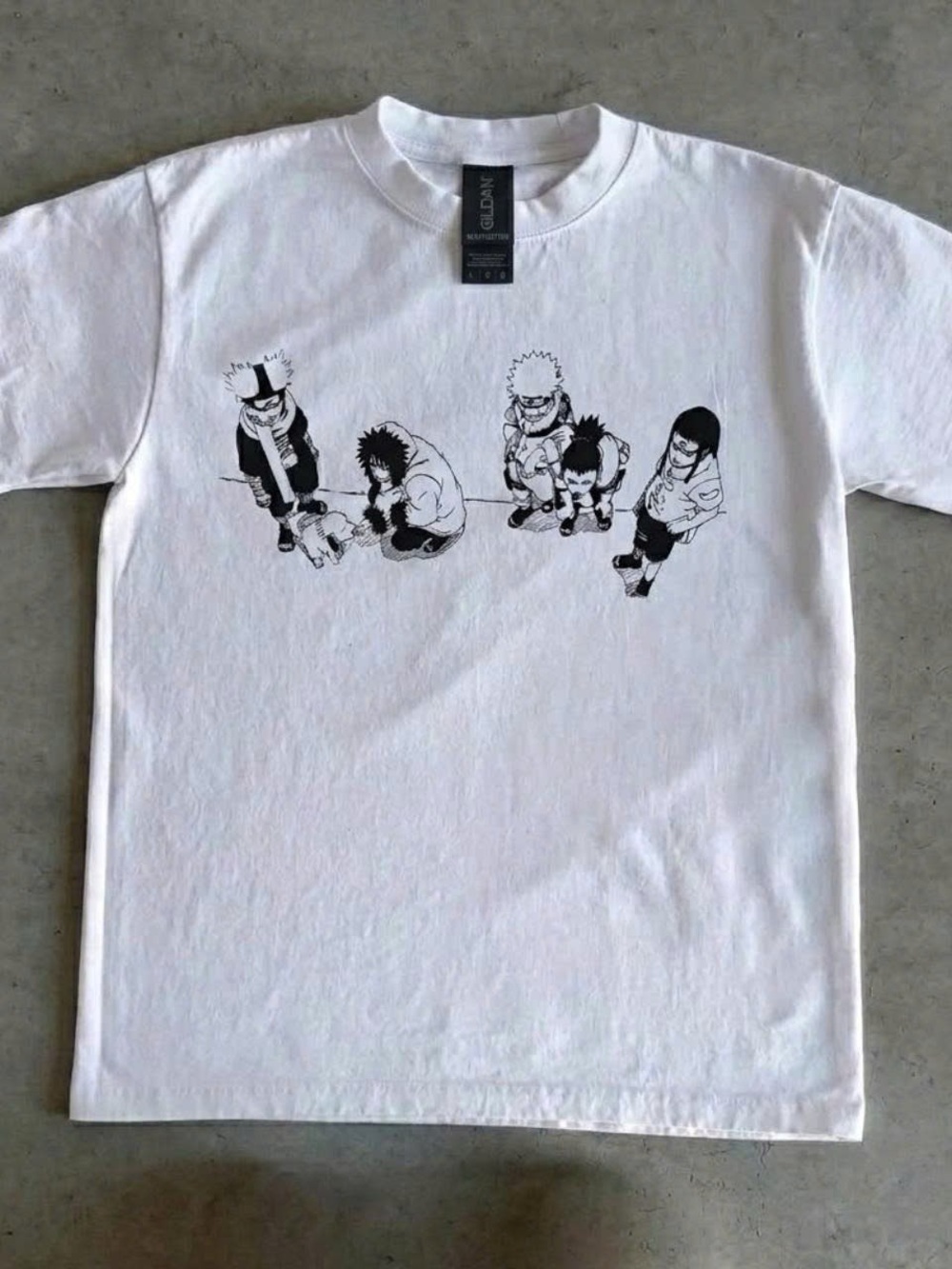 Gildan White Short Sleeve T‑Shirt with Black Anime Graphic